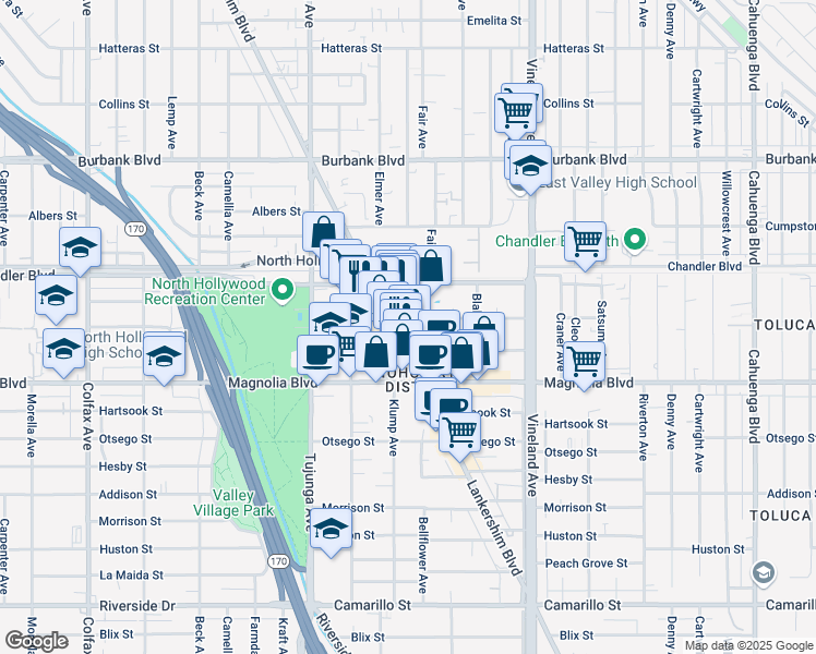 map of restaurants, bars, coffee shops, grocery stores, and more near 5250 Lankershim Boulevard in Los Angeles