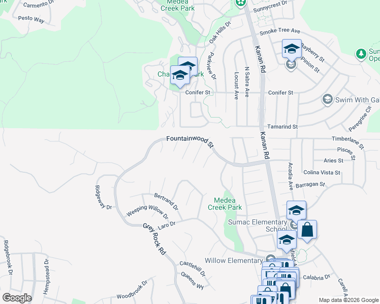 map of restaurants, bars, coffee shops, grocery stores, and more near 6344 Kerryhill Court in Agoura Hills