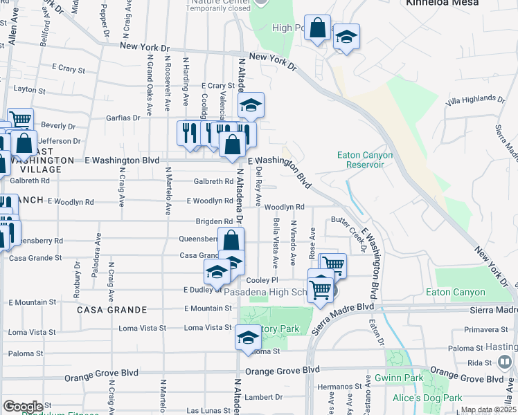 map of restaurants, bars, coffee shops, grocery stores, and more near Del Rey Avenue & Woodlyn Road in Pasadena