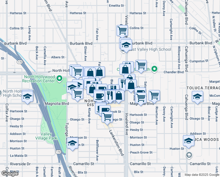 map of restaurants, bars, coffee shops, grocery stores, and more near 11061 Weddington Street in Los Angeles