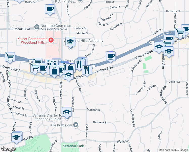 map of restaurants, bars, coffee shops, grocery stores, and more near 20642 Ventura Boulevard in Los Angeles