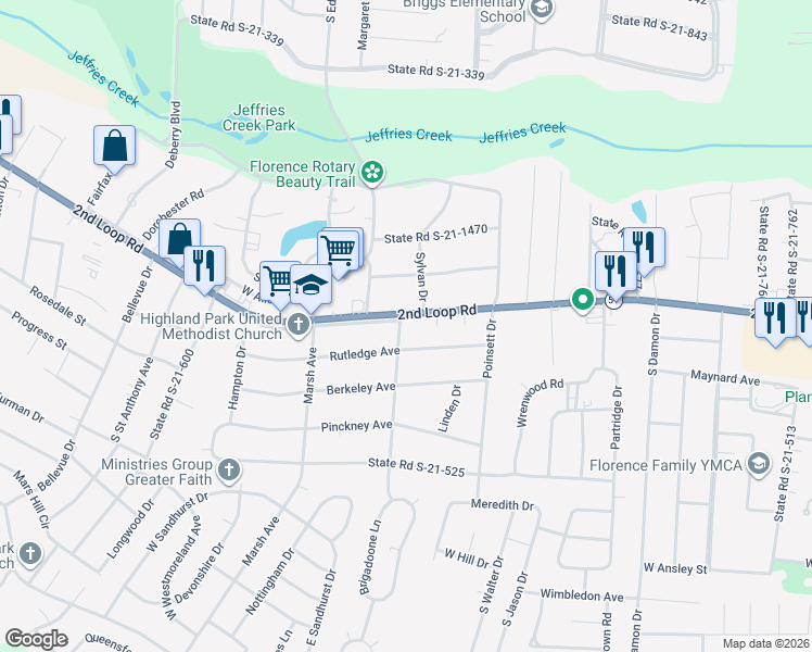 map of restaurants, bars, coffee shops, grocery stores, and more near 1148 South Carolina 51 in Florence