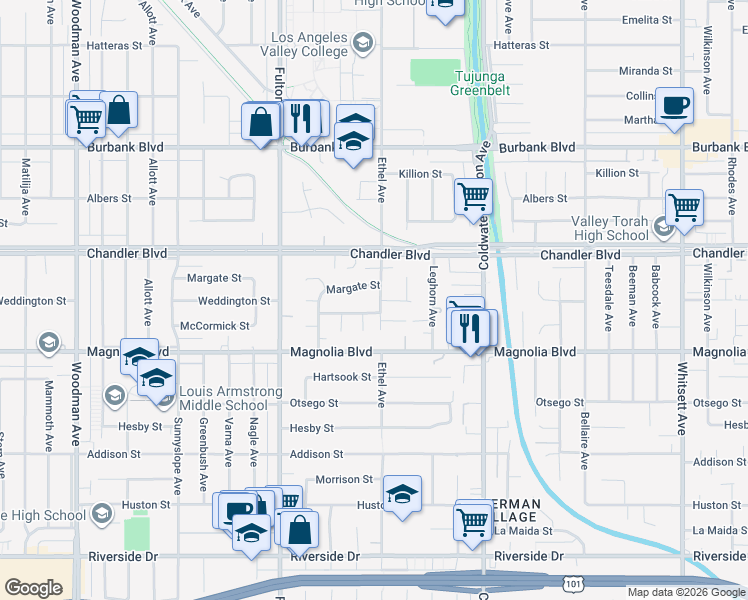 map of restaurants, bars, coffee shops, grocery stores, and more near 5301 Ethel Avenue in Los Angeles