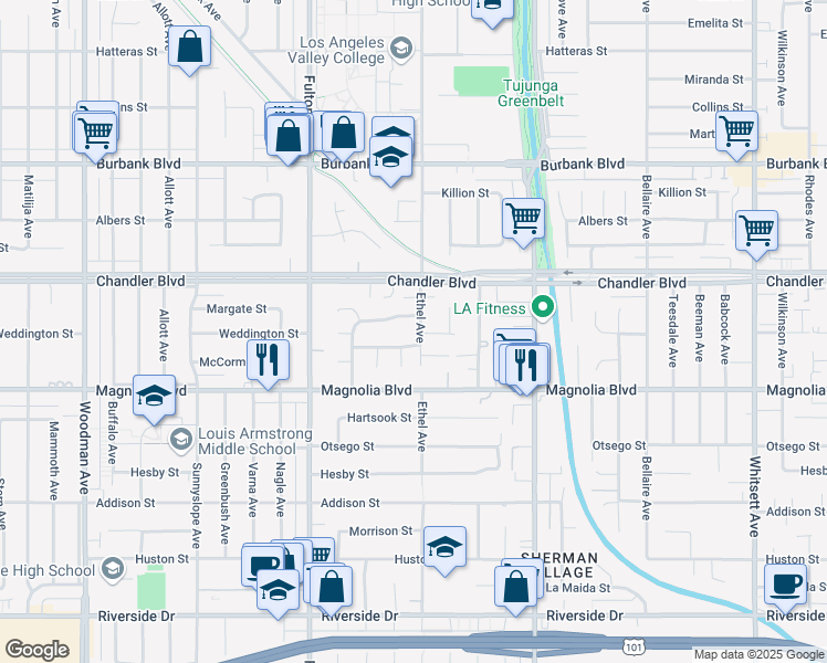 map of restaurants, bars, coffee shops, grocery stores, and more near 5301 Ethel Avenue in Los Angeles