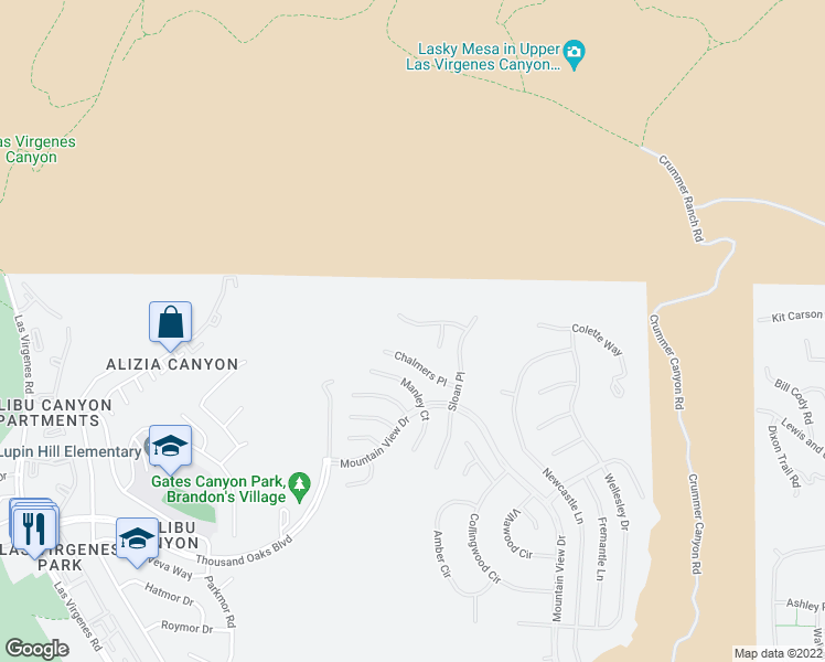 map of restaurants, bars, coffee shops, grocery stores, and more near 25858 Shady Grove Place in Calabasas
