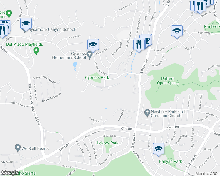 map of restaurants, bars, coffee shops, grocery stores, and more near 3998 Mountain Creek Drive in Thousand Oaks
