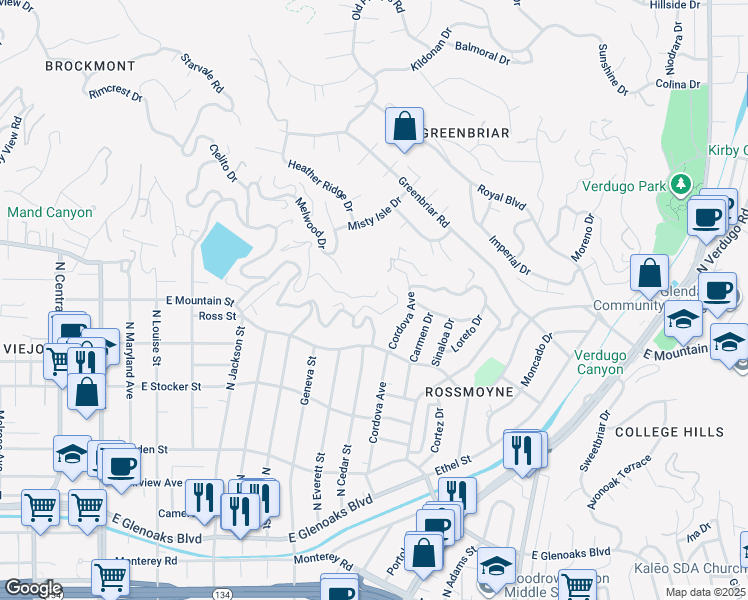 map of restaurants, bars, coffee shops, grocery stores, and more near 876 Harrington Road in Glendale