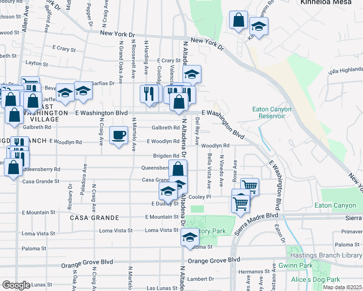 map of restaurants, bars, coffee shops, grocery stores, and more near 1201 North Altadena Drive in Pasadena