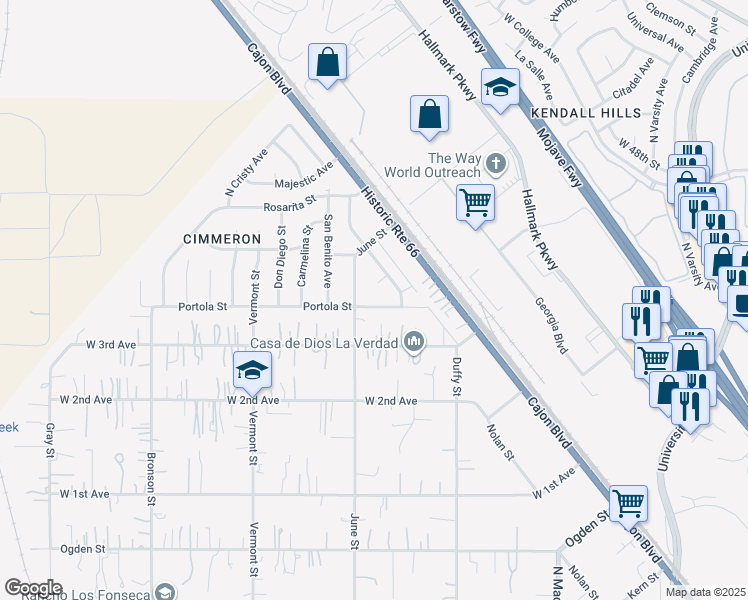 map of restaurants, bars, coffee shops, grocery stores, and more near 2274 Portola Street in Muscoy
