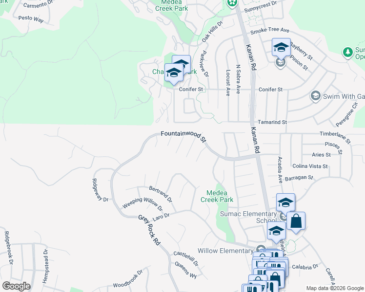 map of restaurants, bars, coffee shops, grocery stores, and more near 6344 Kerryhill Court in Agoura Hills