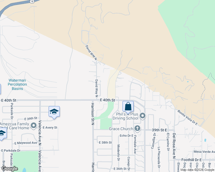 map of restaurants, bars, coffee shops, grocery stores, and more near 4040 Harrison Canyon Road North in San Bernardino