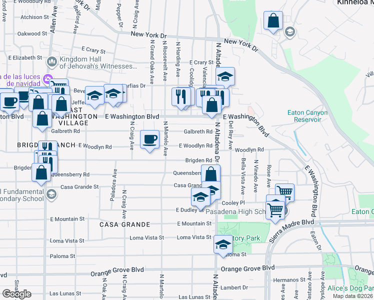 map of restaurants, bars, coffee shops, grocery stores, and more near 2410 East Woodlyn Road in Pasadena
