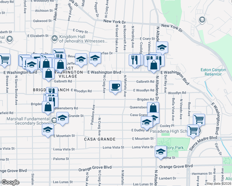 map of restaurants, bars, coffee shops, grocery stores, and more near 2250 East Woodlyn Road in Pasadena