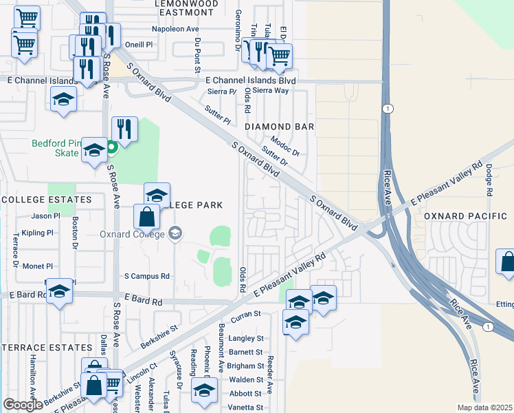 map of restaurants, bars, coffee shops, grocery stores, and more near 3646 Olds Road in Oxnard