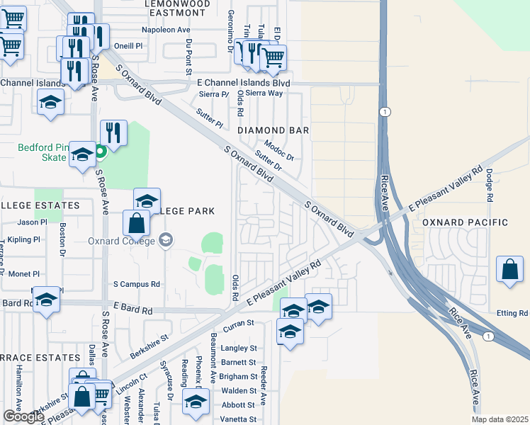 map of restaurants, bars, coffee shops, grocery stores, and more near 3540 Olds Road in Oxnard