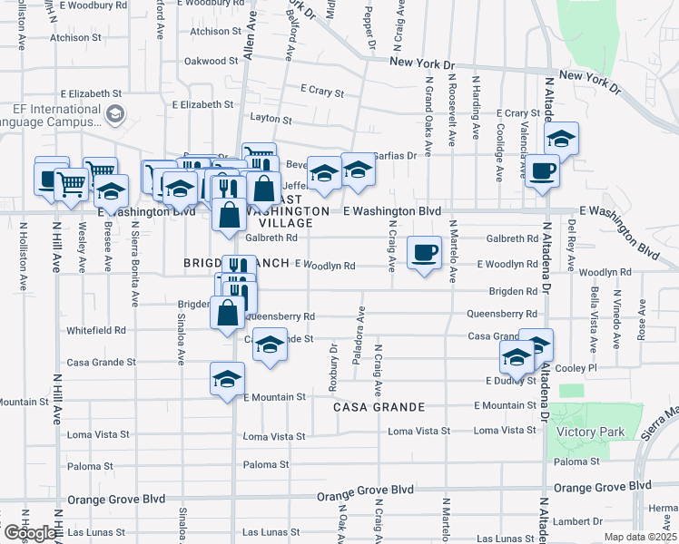 map of restaurants, bars, coffee shops, grocery stores, and more near 2050 East Woodlyn Road in Pasadena