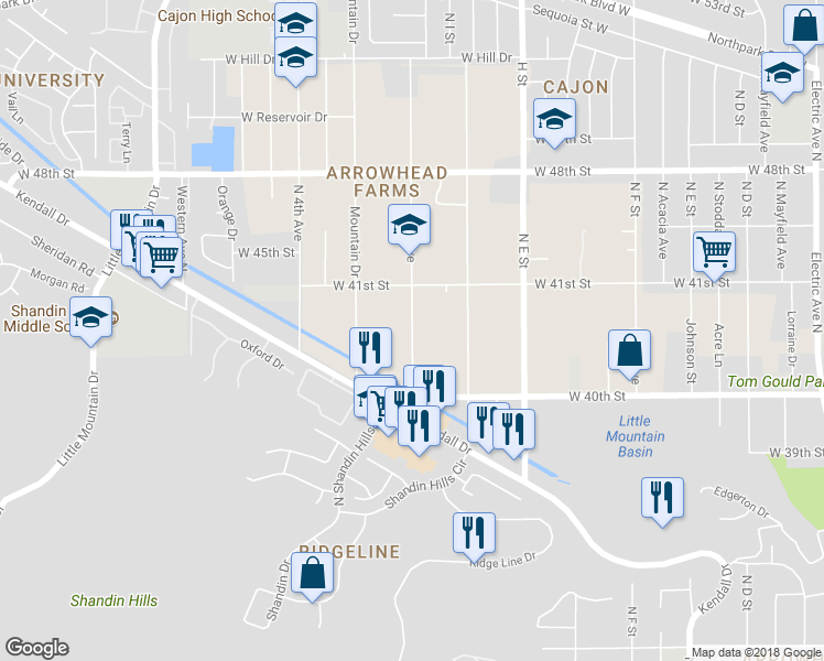 map of restaurants, bars, coffee shops, grocery stores, and more near 4048 North 3rd Avenue in San Bernardino