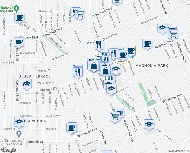 map of restaurants, bars, coffee shops, grocery stores, and more near 934 North Kenwood Street in Burbank
