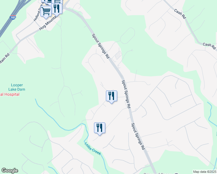 map of restaurants, bars, coffee shops, grocery stores, and more near 6230 Caprice Drive in Flowery Branch