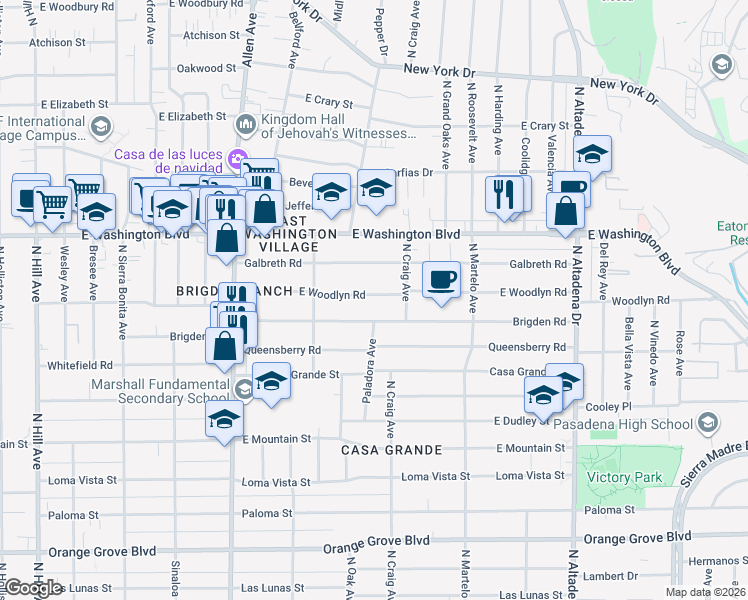 map of restaurants, bars, coffee shops, grocery stores, and more near 2110 East Woodlyn Road in Pasadena