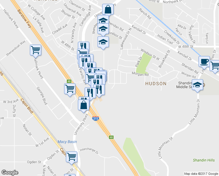 map of restaurants, bars, coffee shops, grocery stores, and more near 4264 Lakewood Drive in San Bernardino