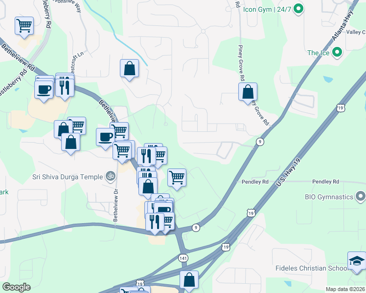 map of restaurants, bars, coffee shops, grocery stores, and more near 2395 Lexington Lane in Cumming