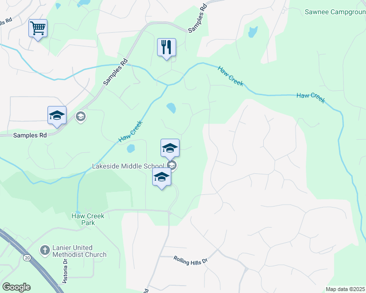 map of restaurants, bars, coffee shops, grocery stores, and more near 3245 Huntcliff Drive in Cumming