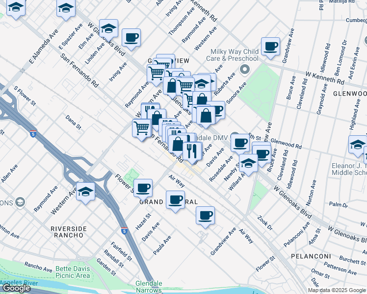 map of restaurants, bars, coffee shops, grocery stores, and more near 1017 Sonora Avenue in Glendale