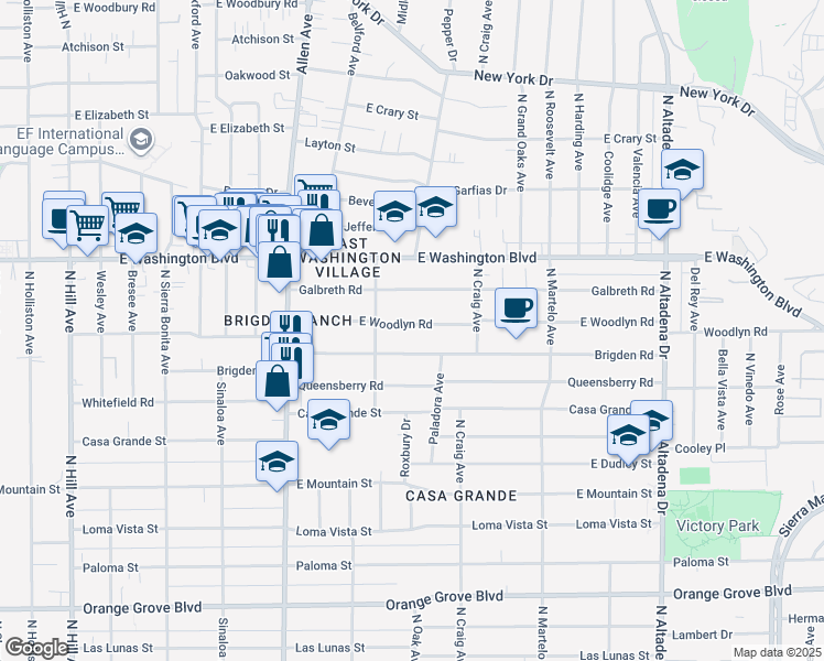 map of restaurants, bars, coffee shops, grocery stores, and more near 2050 East Woodlyn Road in Pasadena