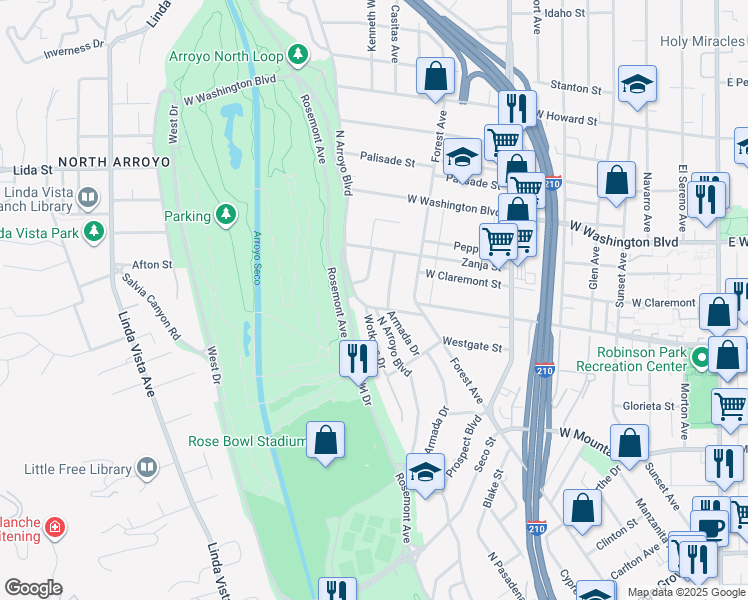 map of restaurants, bars, coffee shops, grocery stores, and more near 1160 North Arroyo Boulevard in Pasadena