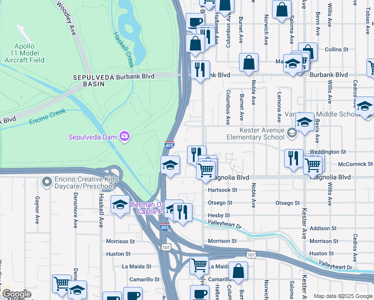 map of restaurants, bars, coffee shops, grocery stores, and more near 15323 Weddington Street in Los Angeles