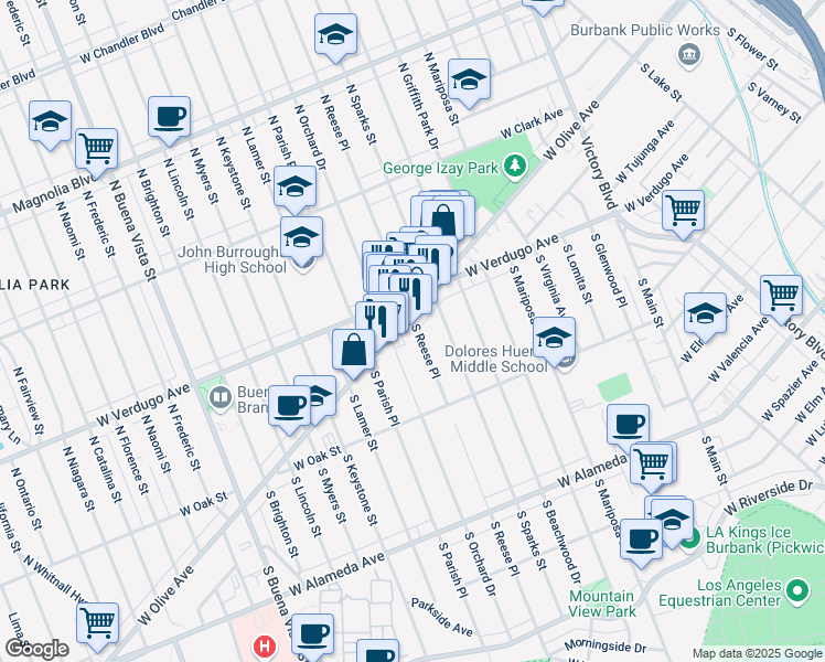 map of restaurants, bars, coffee shops, grocery stores, and more near 1700 West Olive Avenue in Burbank