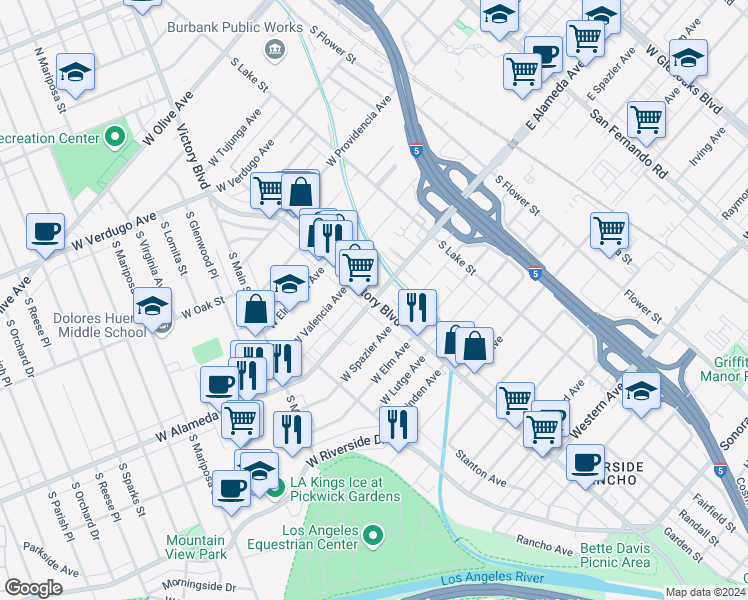 map of restaurants, bars, coffee shops, grocery stores, and more near 301 West Alameda Avenue in Burbank