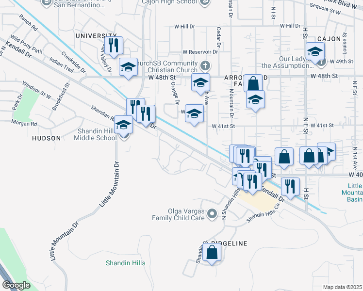 map of restaurants, bars, coffee shops, grocery stores, and more near 1265 Kendall Drive in San Bernardino