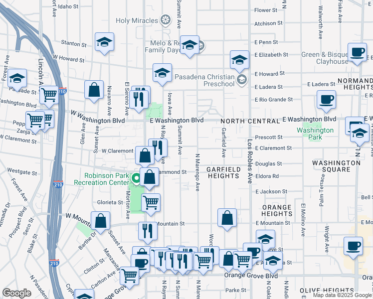 map of restaurants, bars, coffee shops, grocery stores, and more near 1240 North Summit Avenue in Pasadena