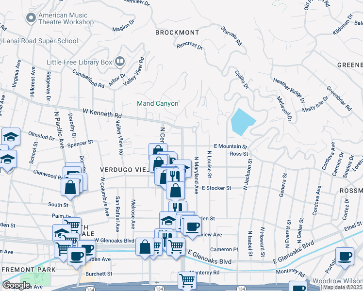map of restaurants, bars, coffee shops, grocery stores, and more near 107 West Mountain Street in Glendale