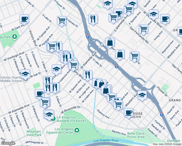 map of restaurants, bars, coffee shops, grocery stores, and more near 221 West Elm Avenue in Burbank