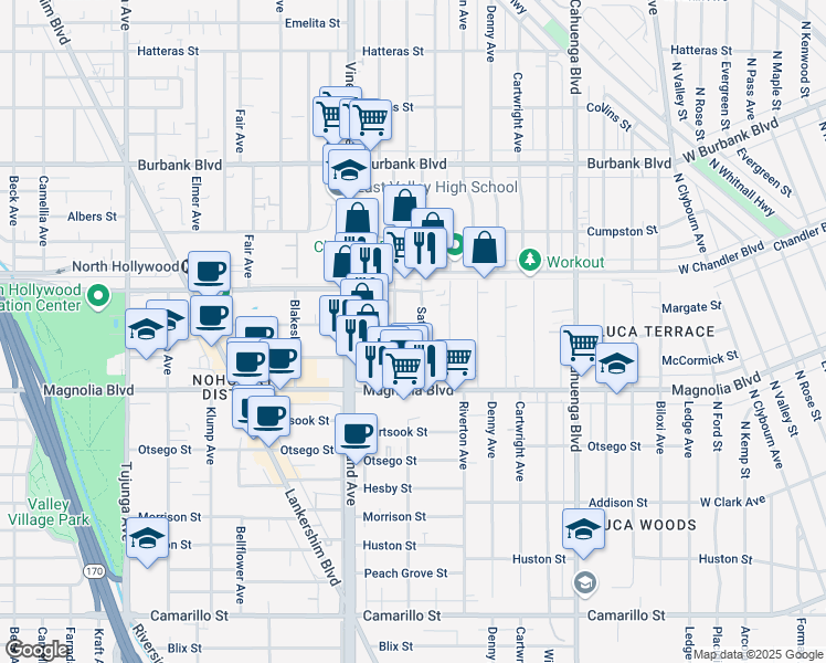 map of restaurants, bars, coffee shops, grocery stores, and more near 10868 Weddington Street in Los Angeles