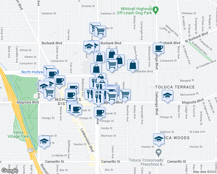 map of restaurants, bars, coffee shops, grocery stores, and more near 10868 Weddington Street in Los Angeles