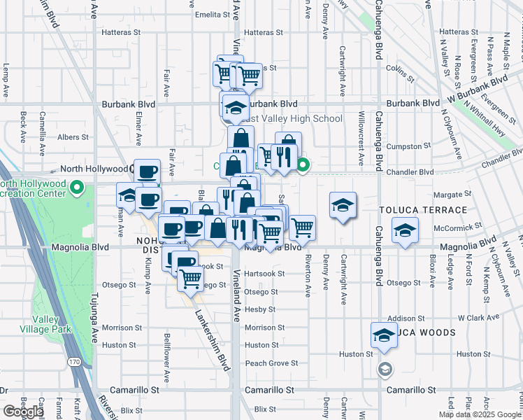 map of restaurants, bars, coffee shops, grocery stores, and more near 5271 Craner Avenue in Los Angeles