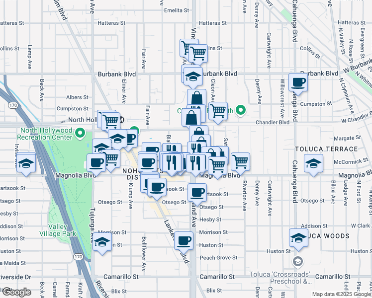 map of restaurants, bars, coffee shops, grocery stores, and more near 11018 Weddington Street in Los Angeles