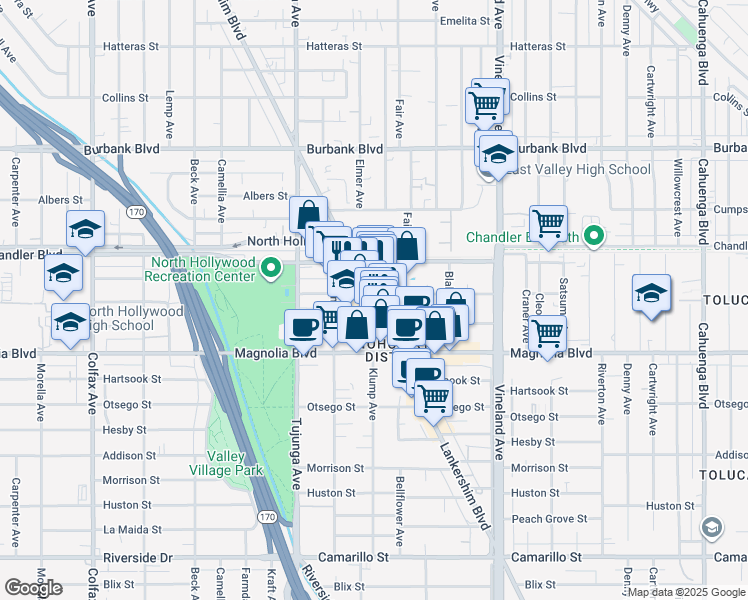 map of restaurants, bars, coffee shops, grocery stores, and more near 5250 Lankershim Boulevard in Los Angeles