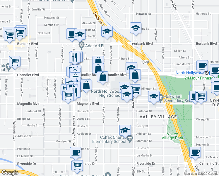 map of restaurants, bars, coffee shops, grocery stores, and more near in Los Angeles