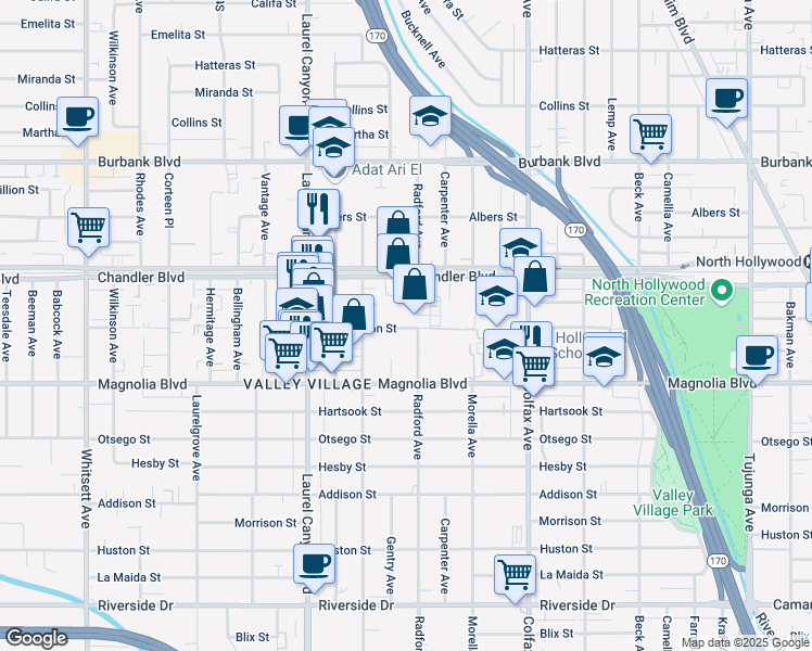 map of restaurants, bars, coffee shops, grocery stores, and more near in Los Angeles