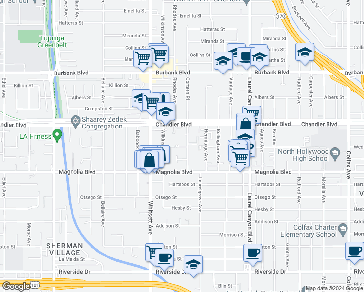map of restaurants, bars, coffee shops, grocery stores, and more near 5311 Corteen Place in Los Angeles