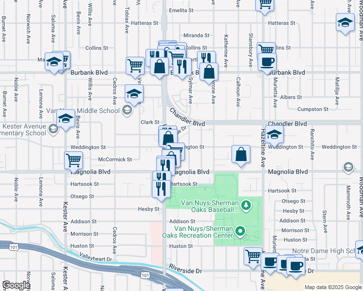 map of restaurants, bars, coffee shops, grocery stores, and more near 14423 Weddington Street in Los Angeles