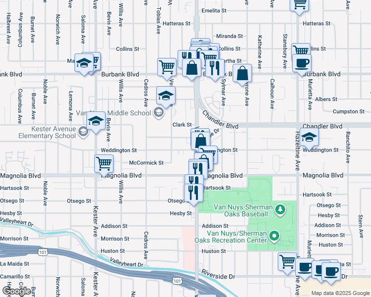 map of restaurants, bars, coffee shops, grocery stores, and more near 5303 Van Nuys Boulevard in Los Angeles
