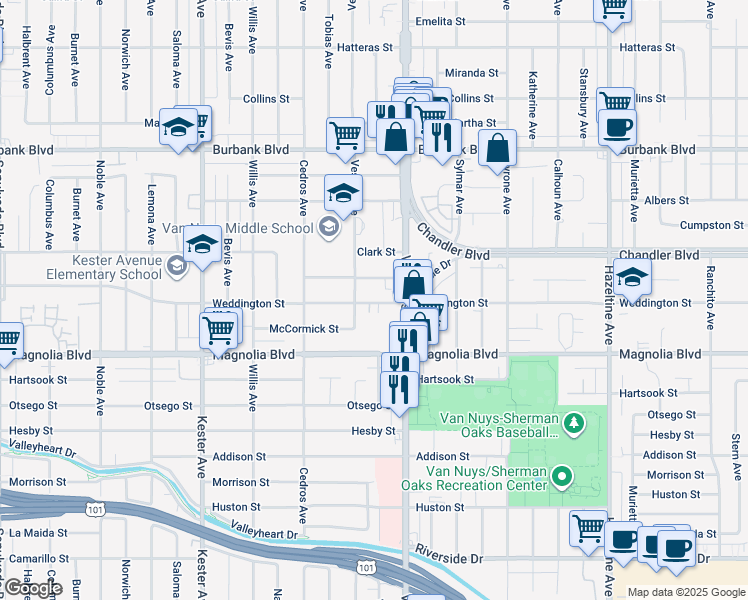 map of restaurants, bars, coffee shops, grocery stores, and more near 14553 Weddington Street in Los Angeles