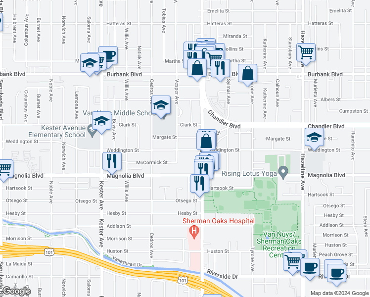 map of restaurants, bars, coffee shops, grocery stores, and more near 14553 Weddington Street in Los Angeles