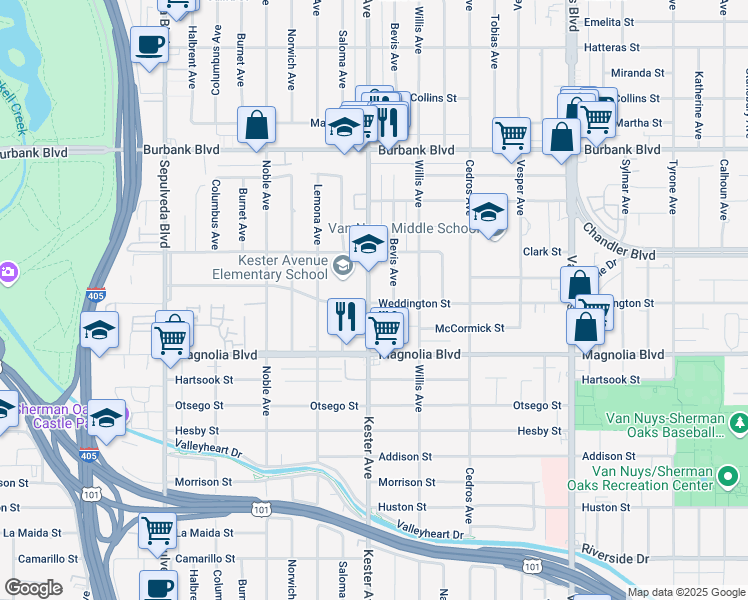 map of restaurants, bars, coffee shops, grocery stores, and more near 14835 Weddington Street in Los Angeles
